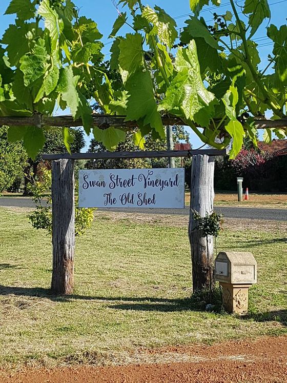 A grapevine sign for Swan Street Vineyard glimpsed through leaves near the property entrance.